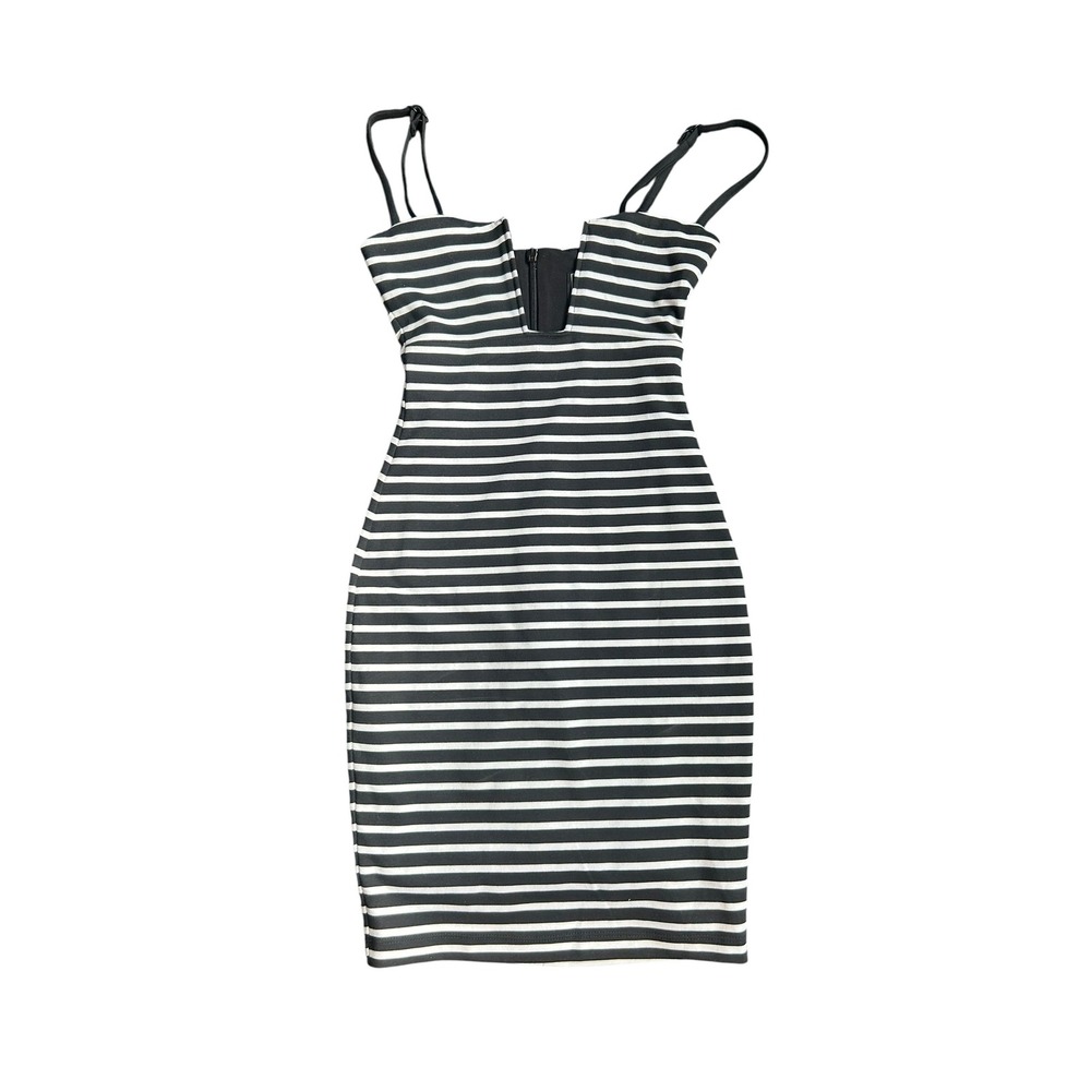 Nookie‎ Striped Bustier Bodycon Mini Dress Black White Deep V Notch Size 6